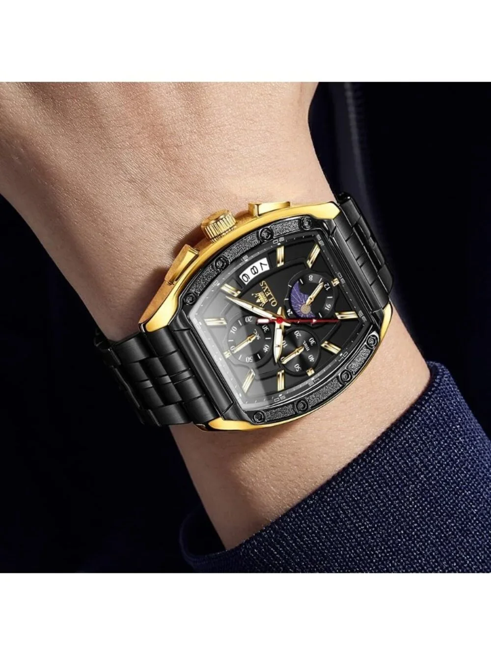 Men's Black Chronograph Rectangle Stainless Steel Luminous Quartz Classic Watch